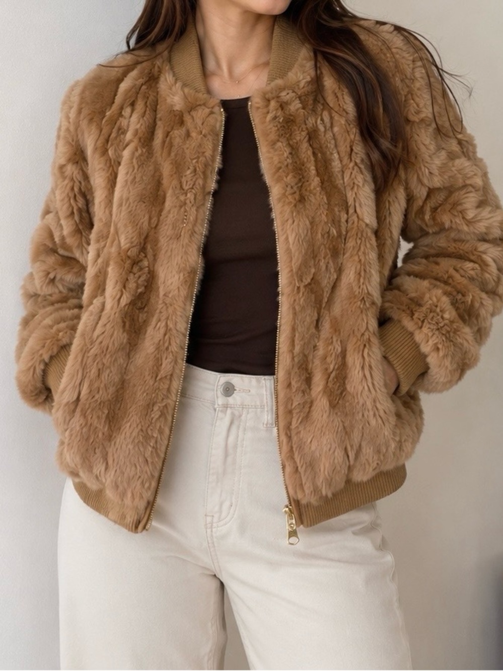 525 America Plush Faux Fur Bomber Jacket in Camel